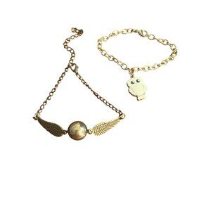 2 Harry Potter Bracelets Antique Gold Tone Hedwig Owl Charm Golden Snitch
